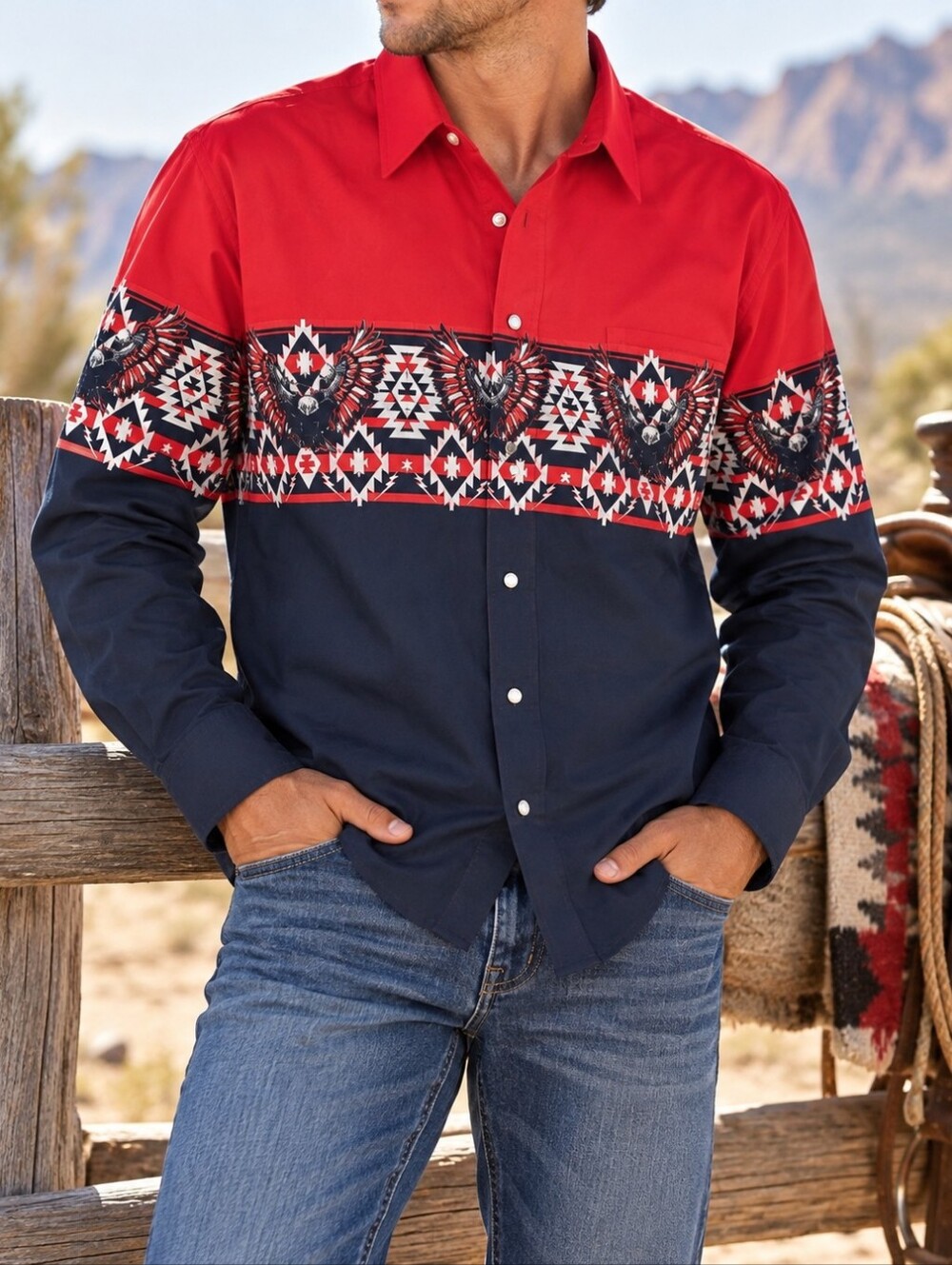 Panhandle  Men’s Red & Navy Western Eagle Snap Button Shirt